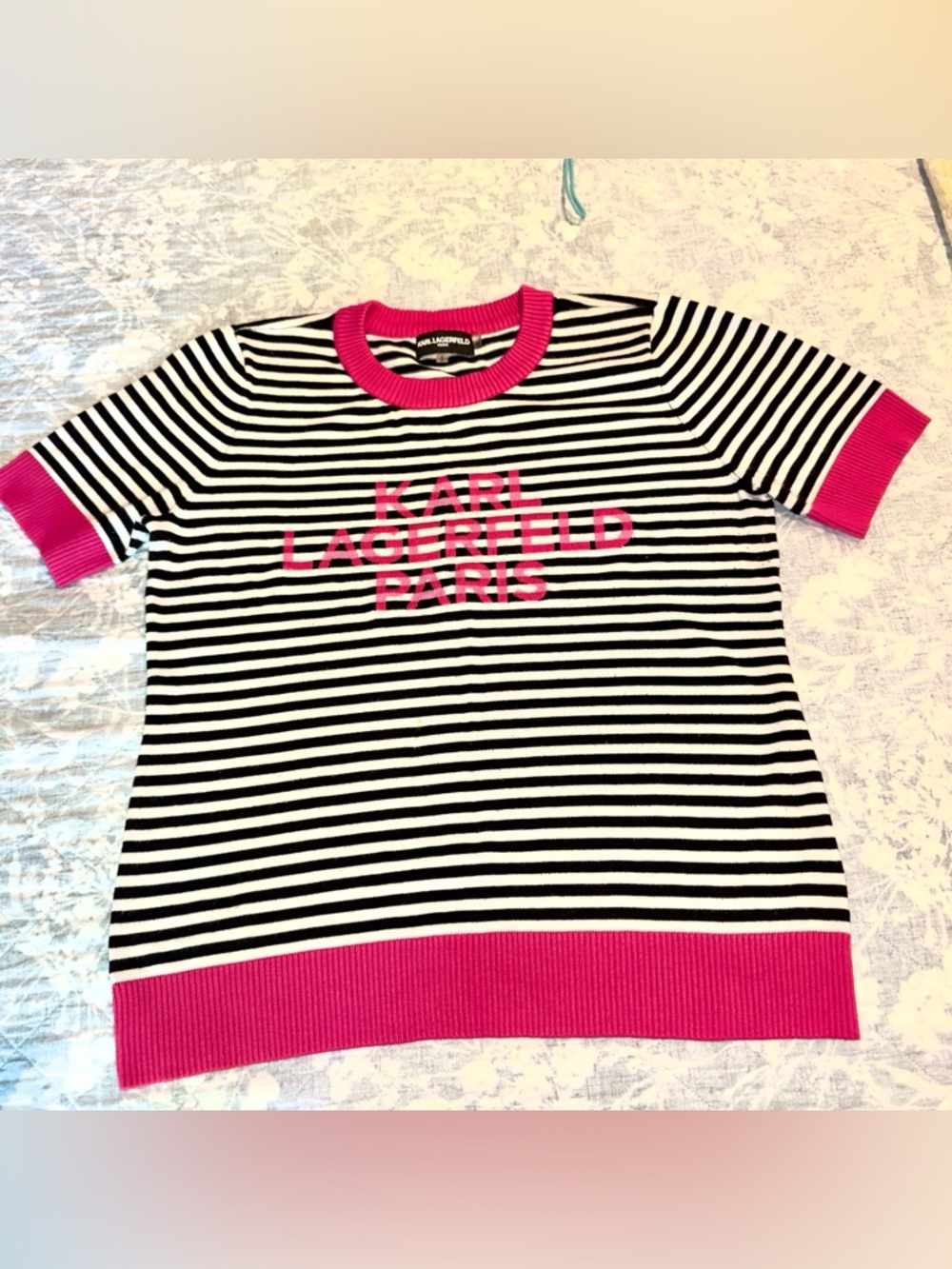 Karl Lagerfeld Black & White Striped Knit Top with Hot Pink Trim